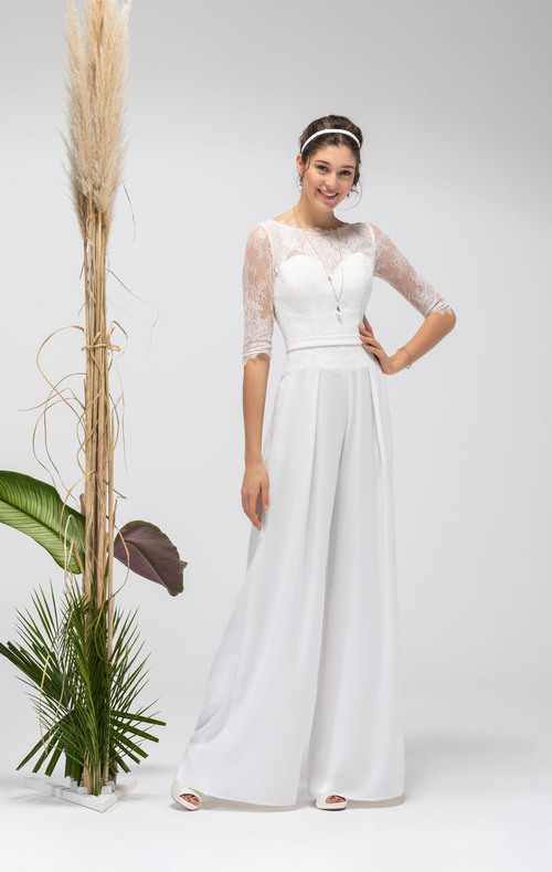 combinaison de mariée à pantalon avec manche courte dentelle